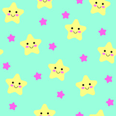 Stars seamless pattern with pastel Blue background. Kids cute happy, smile cartoon with pastel pink and yellow stars for baby. Vector illustration