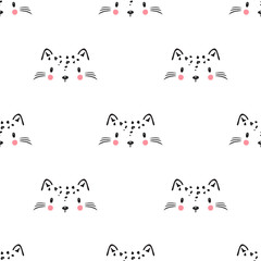Little cute leopard cat Seamless Pattern for kids. Doodle kitten face. Cat head. Cartoon Animal Vector illustration in Scandinavian style