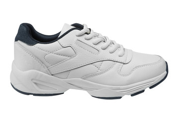white leather sneaker with a thick sole, on a white background