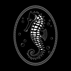 Vector black and white image of a seahorse.