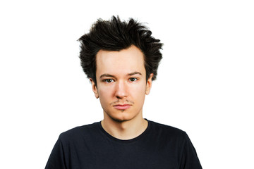 shaggy guy with long hair looks in camera, on isolated white background.