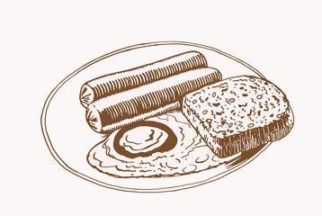 Graphical vintage sketch of breakfast  , vector egg, sausages and bread
