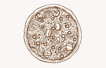 Graphical vintage sketch of pizza, sepia illustration