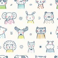 Cute Scandinavian Style Animal Faces Seamless pattern. Hand drawn Doodle Cartoon Animals. Vector Background for Kids