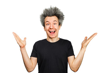 shaggy mad young man freak with grey long hair, smiling on white isolated background.