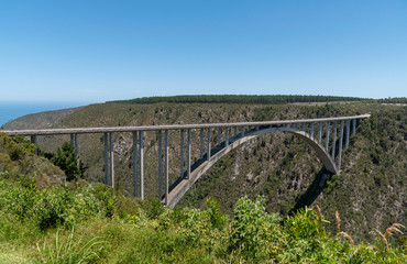Bloukrans Bridge, Eastern Cape, South Africa. Dec 2019. Bloukraans Bridge carrying a toll road 216 metres above the gorge  through the garden route in the Eastern Cape.