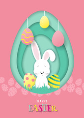 Lovely easter card with paper bunny. Easter illustration in paper style, shadow, vector. White rabbit with easter eggs. Easter bunny in nature. Happy Easter, easter bunny, easter background