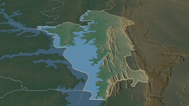 Oti, region with its capital, zoomed and extruded on the relief map of Ghana in the conformal Stereographic projection. Animation 3D