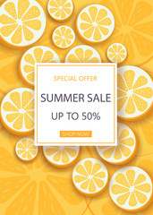 Summer sale banner with symbols for summer time such as oranges. Vector illustration