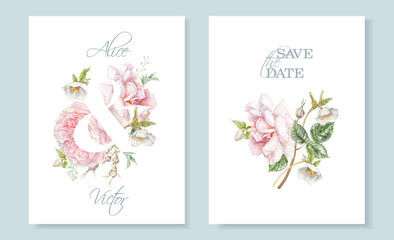 Watercolor rose and hellebore wedding invitation cards