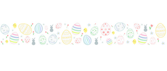 Easter vector banner with colorful eggs, bunnies, flowers and  chick