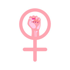 Female fist raised up. Symbol of feminism. Concept of female power, equality, protest. Vector stock illustration.