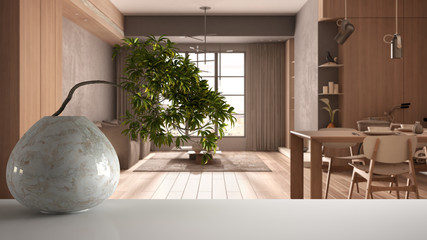 White mat table shelf with round marble vase and potted bonsai, green leaves, over dining room in beige tones, concrete details, interior design, zen clean architecture concept idea
