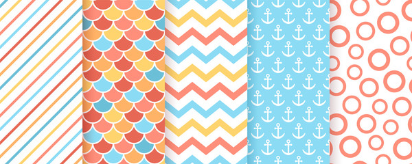 Scrapbook pattern. Vector. Seamless background. Cute textures with circles, stripes, zigzag, fish scale and anchors. Set chic packing paper. Trendy print for scrap design. Modern Color illustration.