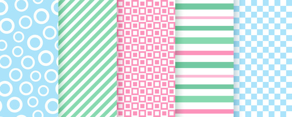 Scrapbook background. Vector. Seamless pattern. Cute textures for scrap design. Chic paper with circles, stripes, squares, chess. Trendy modern print. Color illustration. Abstract geometric backdrop.