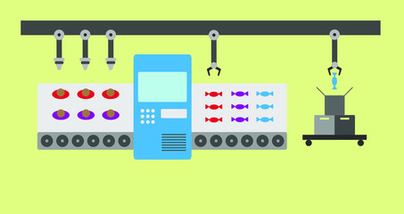 Atomated food production line concept. Conveyor belt production system. Thin line style illustration.