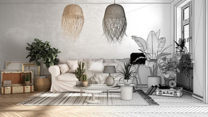 Architect interior designer concept: unfinished project that becomes real, vintage, old style living room, sofa, pillows and rattan pendant lamps, retro interior design concept