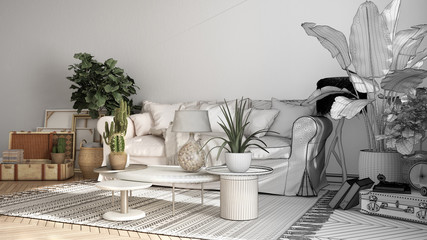 Architect interior designer concept: unfinished project that becomes real, vintage, old style living room, sofa and pillows, retro interior design concept with copy space