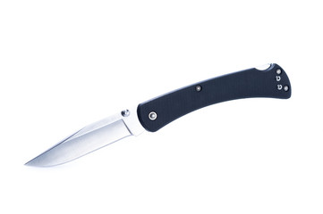Knife with a black handle on a white background. Knife isolate.