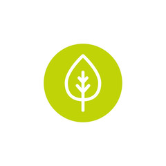 Cartoon flat white leaf in green circle. Eco icon. isolated on white.