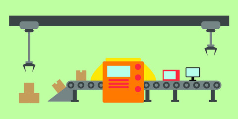 Atomated food production line concept. Conveyor belt production system. Thin line style illustration.