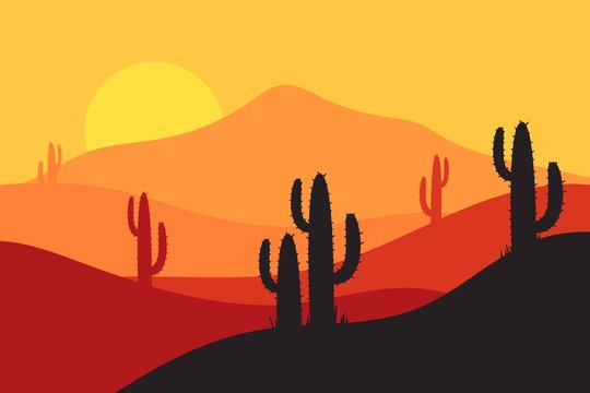 beautiful landscape of desert landscape with cactus mountains, abstract desert background vector illustration template suitable for landing page banner magazin poster and others