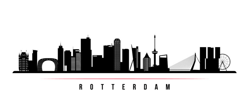 Rotterdam skyline horizontal banner. Black and white silhouette of Rotterdam, Netherlands. Vector template for your design.