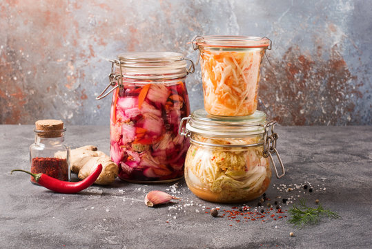 Fermented Cabbage, Fermented Vegetables, Kimchi In Glas Jars, Marinated Canned Food, Natural Probiotics, Healthy Eating