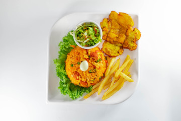 Rice with chicken typical colombian food on white background