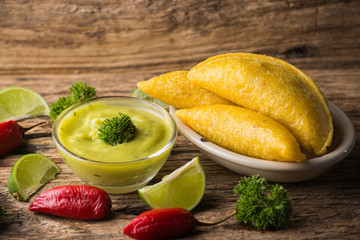 Empanadas with avocado sauce, traditional Colombian food