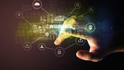 Hand touching INSURANCE inscription, Cybersecurity concept