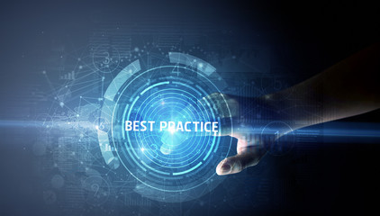 Hand touching BEST PRACTICE button, modern business technology concept
