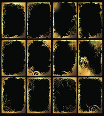 Fototapeta premium Set of golden grunge floral frames on a black background.