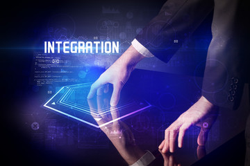 Hand touching digital table with INTEGRATION inscription, new age security concept