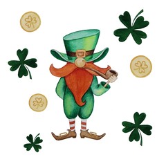 Watercolor Saint Patrick's Day set. Hand drawn artistic objects: leprechaun with smoking pipe, clover, coin. Cartoon holiday elements 