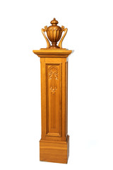 Wooden carved column with decoration upstairs on isolated background