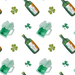 Watercolor Seamless pattern with bottle of ale, mug of beer, clover shamrock isolated on white background. Perfect for holiday invitations, greeting cards, wallpaper and gift paper. 