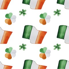 Watercolor Saint Patrick's Day pattern. Hand drawn seamless texture with clover shamrock and flag of Ireland isolated on white background. Hand drawn illustration.