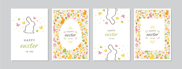 Easter cards set with hand drawn rabbits, eggs, butterflies, flowers and dots. Doodles and sketches vector vintage illustrations, DIN A6 - 323503627