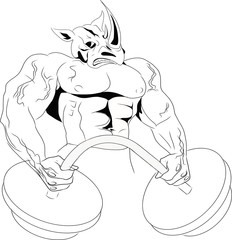The depiction of a rhino with a muscular body. Raises the barbell. Suitable for gym logo, booklet, flyer, logo