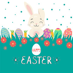 Hand drawn cute cartoon character rabbit with eggs, air balloons, grass, flowers. Happy Easter Lettering. Сolorful doodle Bunny vector illustration for Easter, baby room, greeting card, invitation