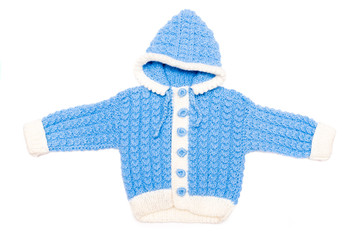 Children blue knitted sweater with the hoodie isolated on the white background.