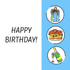 Vector birthday card with gift box, holiday cake, champagne bottle and glass hand-drawn