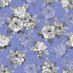 Floral monochrome seamless pattern with gray flowers rose and leaves on blue background. Hand drawn. For design textile, wallpapers, wrapping paper, prints. Vector stock illustration.