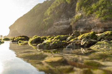 Rocky wild beach os exotic country stock photo