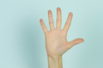 Five fingers displayed by a human hand isolated on a blue background.