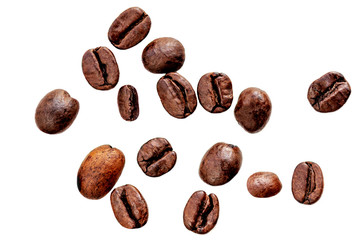 Fresh roasted coffee beans isolated on white background. Coffeee concept. Flat lay. Top view.