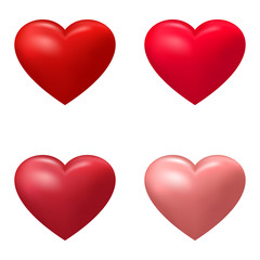Set of realistic hearts shades of pink, red, purple color for Valentine's day design on a white isolated background