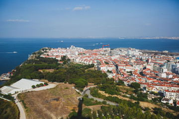 Naklejka na ściany i meble Panoramic view of Almada city and municipality, seen from the Sanctuary of Christ the King, Lisbon, Greater Lisbon, Portugal, summer sunny view