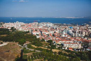 Fototapeta premium Panoramic view of Almada city and municipality, seen from the Sanctuary of Christ the King, Lisbon, Greater Lisbon, Portugal, summer sunny view